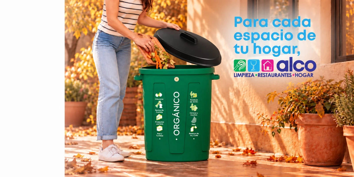 Mujer tirando restos de comida en el bote orgánico verde en un patio otoñal — Para cada espacio de tu hogar, ALCO