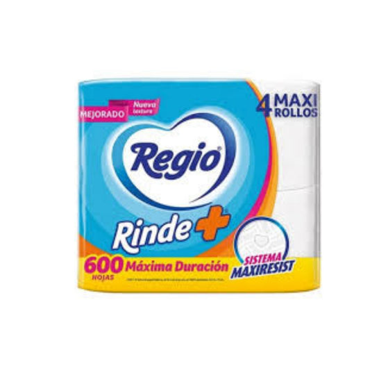 PAPEL HIGIENICO REGIO RINDE MAX CON 4  ROLLOS DE 600 HOJAS DOBLES