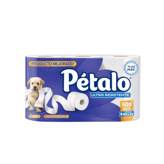 PAPEL HIGIENICO "PETALO" ULTRA RESISTENTE CON 6 ROLLOS DE 500 HOJAS DOBLES C/U